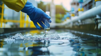 Scientist hand in glove collecting water sample in laboratory for testing and analysis, water quality research, environmental protection.