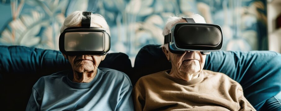 Two older men are wearing virtual reality goggles. Free copy space for banner. - Powered by Adobe