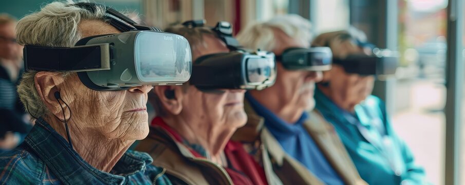Two older men are wearing virtual reality goggles. Free copy space for banner.