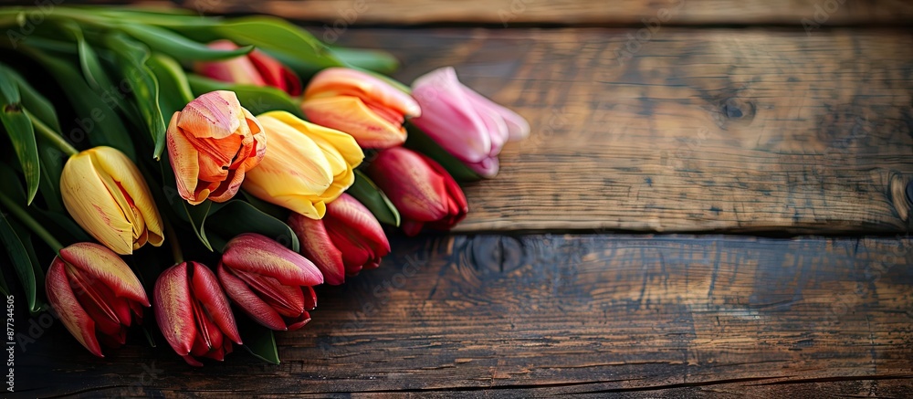 Wall mural Tulip bouquet on a rustic dark wooden table with a copy space image