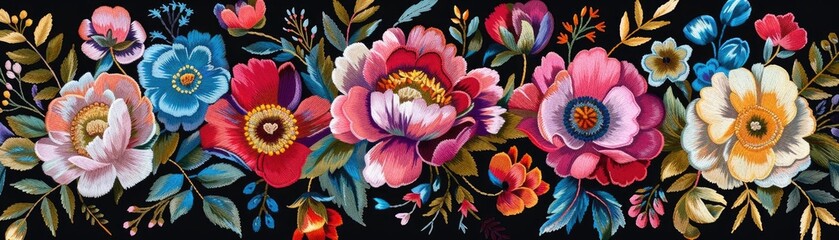 Colorful floral embroidery pattern with various flowers and leaves on black background.