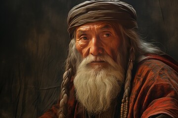 Obraz premium Portrait of a thoughtful elderly man with braided hair, wearing a tribal headband and colorful garb