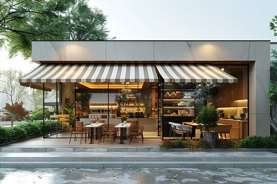 Fototapeta A restaurant with a white and black striped awning and a large window