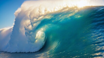 A breathtaking photo of a giant blue wave cresting and breaking in the open ocean. The sheer size and power of the wave are awe-inspiring, capturing the raw energy and beauty of nature.