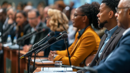 A diverse group of speakers participating in a formal conference or debate, each with a microphone, emphasizing professional discussion and collaboration