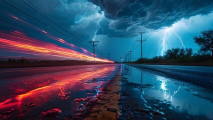 Lightning storm over rural road with streaks of car lights at dusk. Generative AI