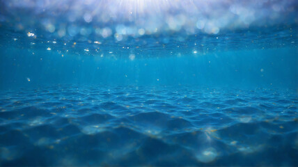 Underwater Scene with Glittering Bokeh Effect, abstract underwater image featuring a blue ocean with a mesmerizing bokeh effect, Perfect for enhancing modern and minimalistic designs. 