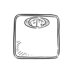 Weighing scales illustration in black and white line drawn. Drawn by hand in black and vectorised for a variety of uses.