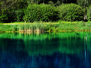 Obraz premium Dramatic lake beach in city park background