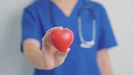 Doctor hand holding red heart shape in hospital. love, donor, world heart day, world health day, CSR donation and Insurance concepts