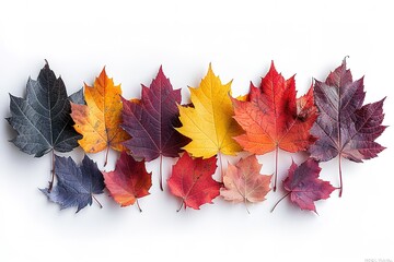 A row of colorful autumn leaves are arranged in a line