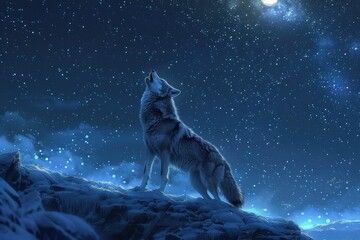 Naklejka premium Majestic Wolf Howling at the Moon Under a Starry Night Sky in a Snowy Winter Landscape