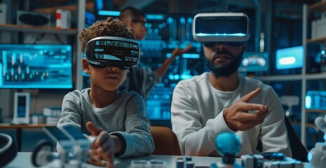 Father and son immersed in virtual reality technology at home