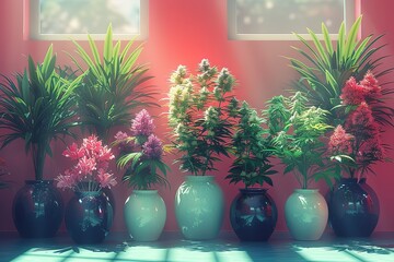 A row of vases with different colored flowers in them