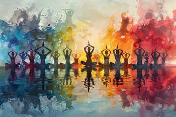 Vibrant Watercolor Silhouettes of People Practicing Yoga with Colorful Background Reflections