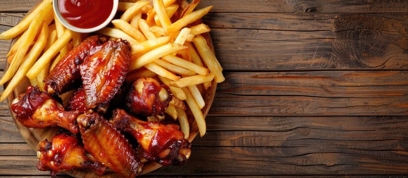 Chicken wings and French fries served on a wooden table with ample copy space image