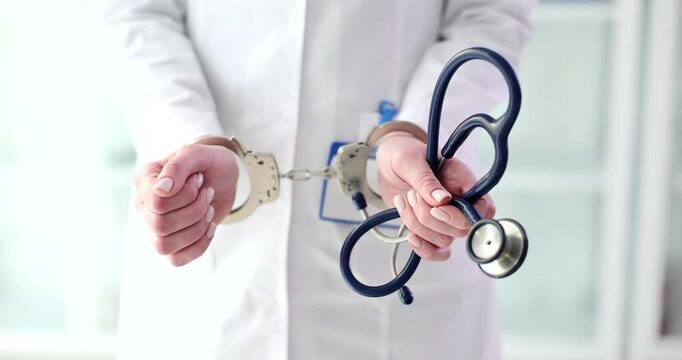 Doctor in handcuffs holds stethoscope standing in clinic office. Female specialist in medical uniform arrested for bribery and malpractice