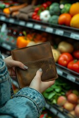 Close-up of a empty wallet held by a shopper in a grocery store. Inflation concept