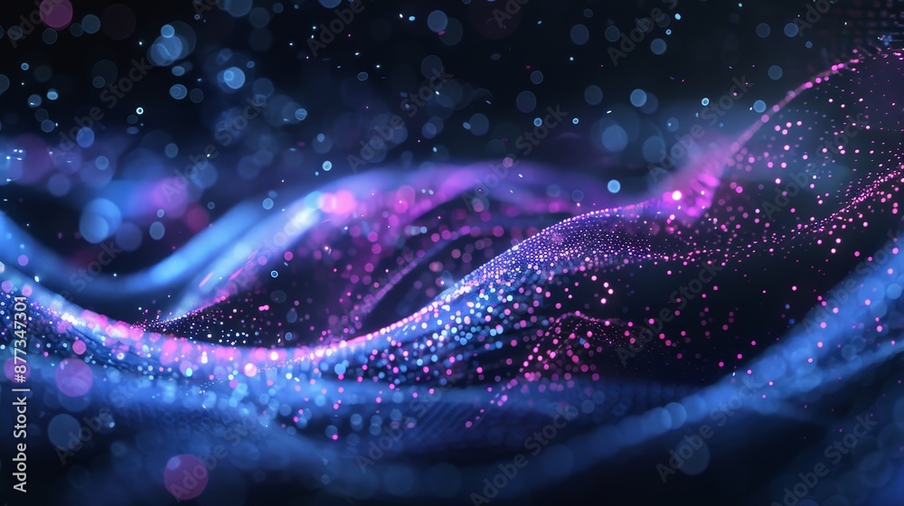 Poster Music wave of particles. Big data visualization. Abstract blue background with dynamic wave in 3D.