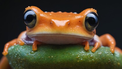A tiny orange frog perches on a dew-kissed leaf in the amazon rainforest