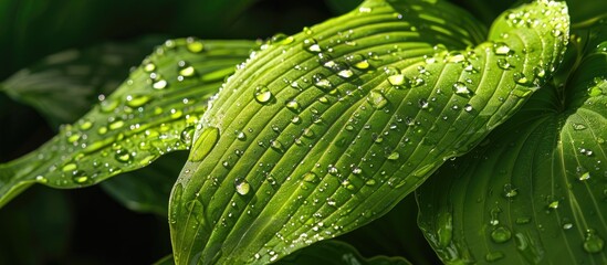 Obraz premium Macro shot of a large vibrant green plantain lily leaf adorned with glistening raindrops in the sunlight Ideal for nature themed designs. Copy space image. Place for adding text and design