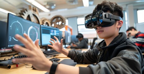 Young male student exploring virtual reality technology in classroom setting