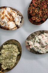 Spicy appetizer. Traditional Turkish and Arabic cuisine meze. Snack meal served alongside the main course. Natural vegetarian food. Bulk appetizer plates.. mezeler