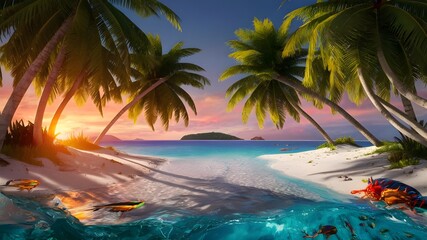trees on the beach with sunset, paradise, peace