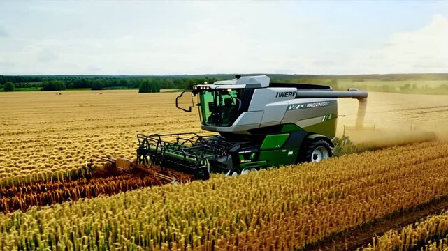 A combine harvester is harvesting wheat in a farm field under the summer sky