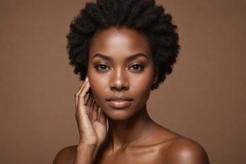 Face, beauty and skincare with a model black woman in studio on a brown background for natural hair care. Eyes, portrait and makeup with an attractive young female posing to promote cosmetics