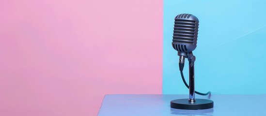 Microphone placed on table with copy space image near colorful wall