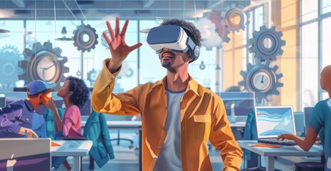 Young man exploring virtual reality in a modern office setting with colleagues
