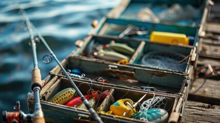 Fishing rods and tackle box with lures and a net on a dock
