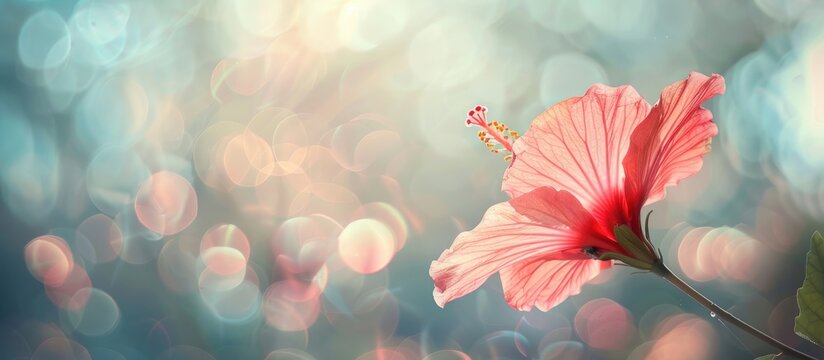 Selective focus on a hibiscus flower petal against a blurry backdrop with copy space image available