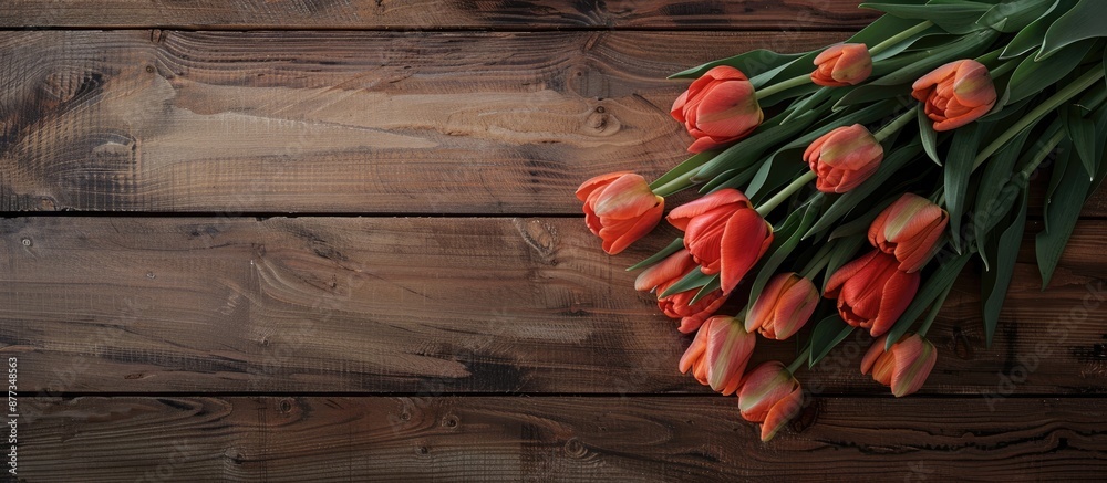 Poster Tulip bouquet on a rustic dark wooden table with a copy space image