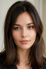 A portrait of a woman with shoulder-length dark brown hair.