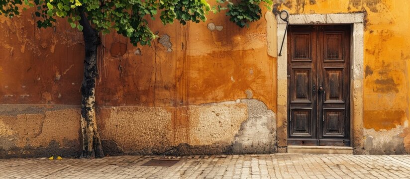 A sidewalk next to a street with a wall featuring a door provides a charming setting with ample copy space image