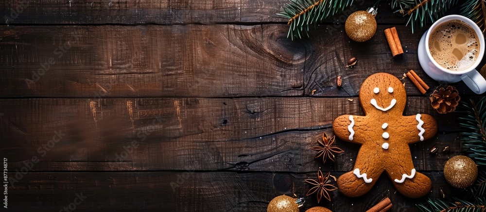 Sticker Gingerbread man beside coffee spruce branch and festive decor on a dark wooden surface in a top down view with copy space image