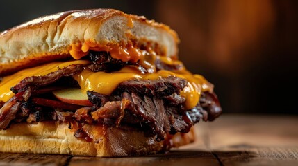 Close-up of a delicious pulled pork sandwich with sauce and pickles.