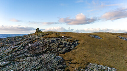Aerial view a stone pillar at the beautiful coastline at Dawros in County Donegal - Ireland