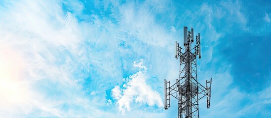Telecommunication tower with antennas against a blue sky background providing copy space in the image The tower supports 4G and 5G cellular technology serving as a Cell Site Base Station with wireles