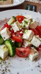 Greek salad on the white plate 
