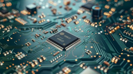 Colorful computer circuit board. CPU chips processor. Data collection on the motherboard. Technology hardware.