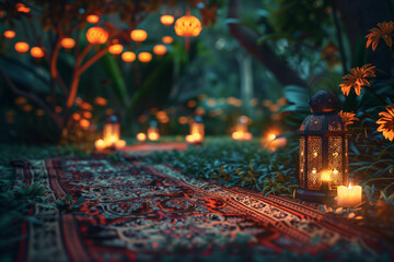 ramadhan vibes image for background or banner, with lantern and praying mats, islamic wallpaper, moslem eid background