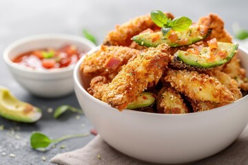 Close-up of crispy fried chicken tenders with avocado slices and dipping sauce.