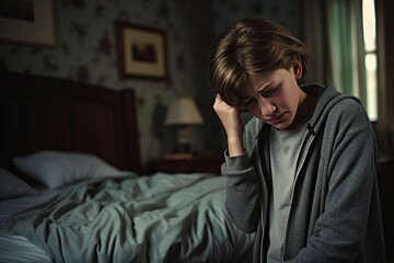 Fototapeta premium Pensive young boy appears upset or stressed, sitting indoors with a disheveled bed in the background