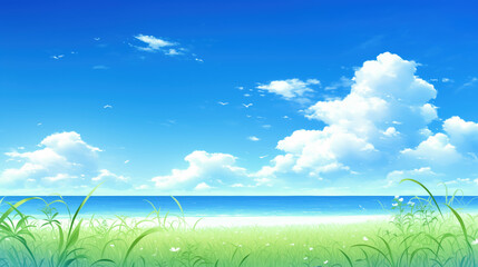 Obraz premium Peaceful Beach Scene with Clear Blue Sky and Clouds