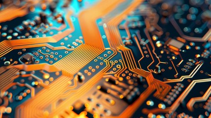 Colorful computer circuit board. CPU chips processor. Data collection on the motherboard. Technology hardware.