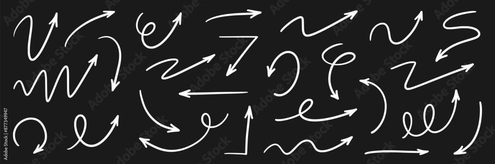 Poster arrow vector hand drawn sketch icon set. doodle sketch drawn chalk direction element set. pencil doo