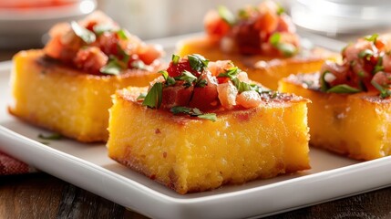 Baked polenta squares with bacon and salsa topping, Baked polenta, Italian flavor